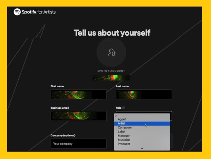 fill the form Spotify for artist  