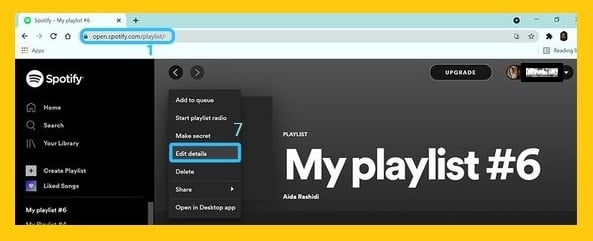 edit details playlist option Spotify web player - Spotify playlist picture - How to Spotify