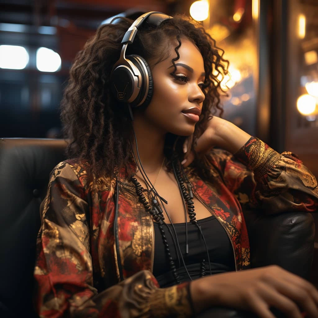 pretty African girl listen to music