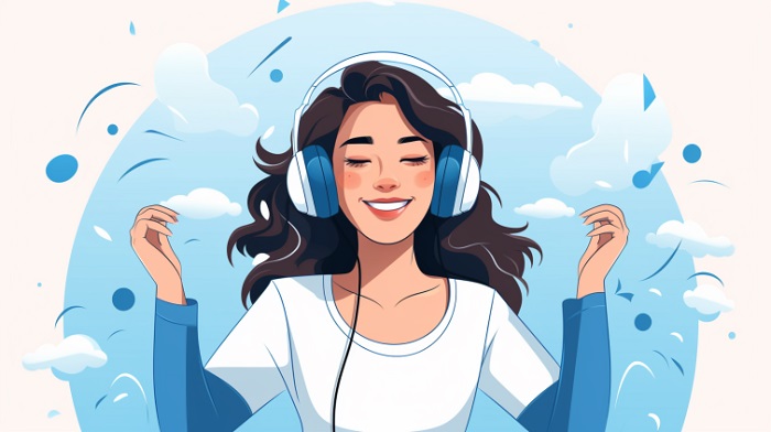 happy-girl-listen-to-music-with-headphone-blue-dress