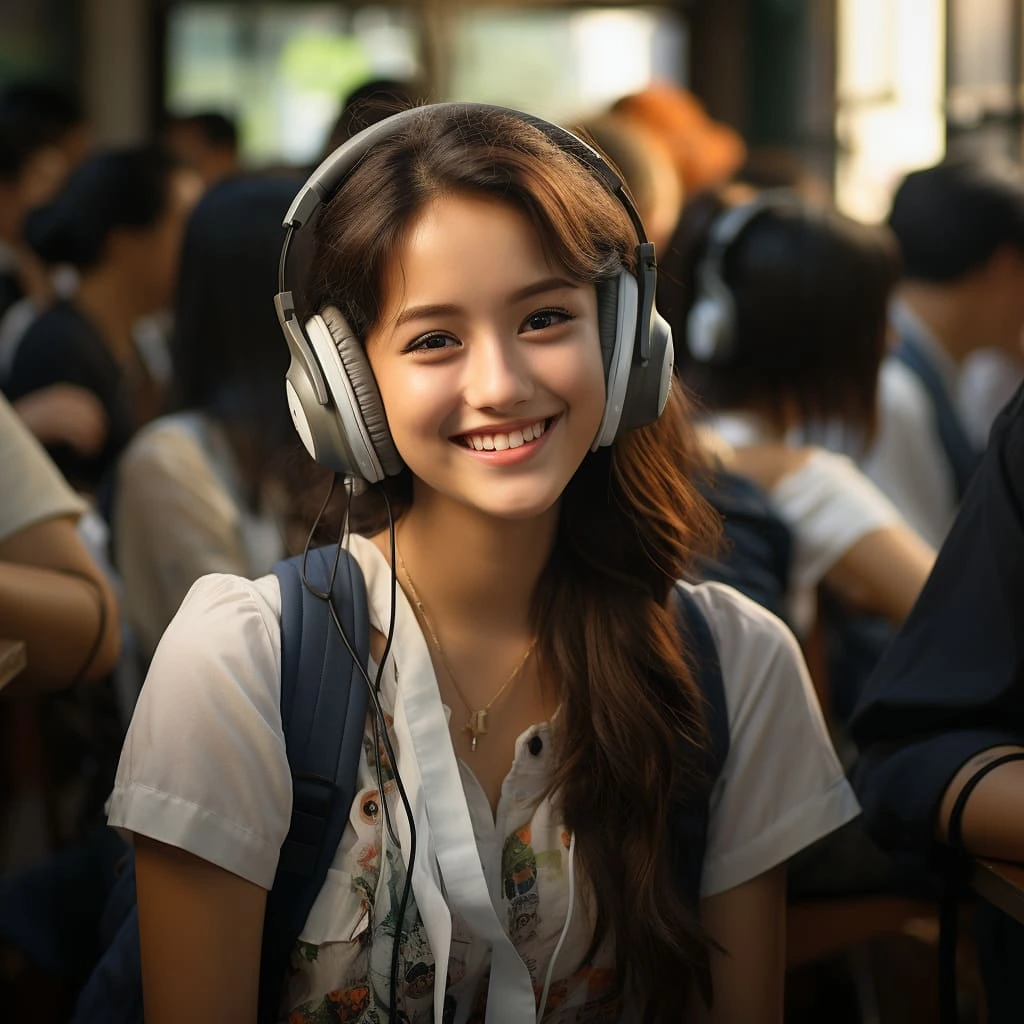 happy student in the class listening to music