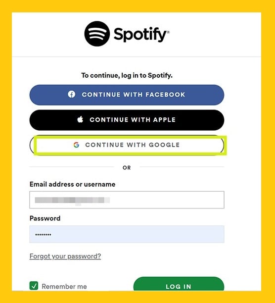 login with Google account - log in Spotify- how to Spotify