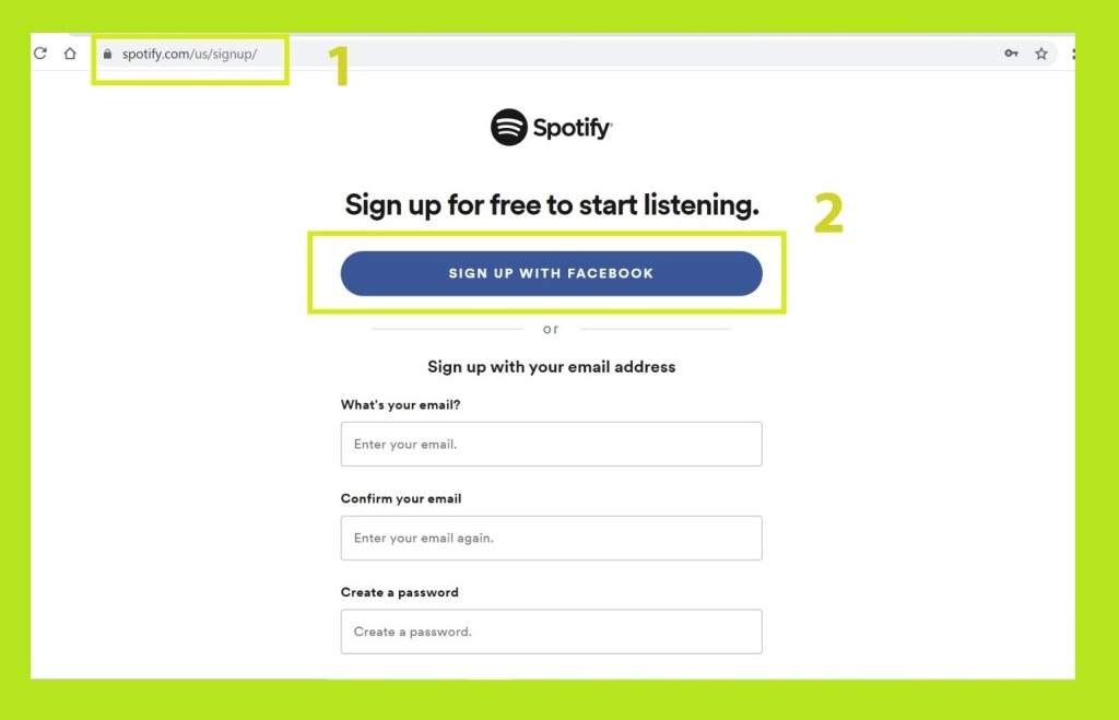 sign up for free with Facebook Spotify  - sign up on Spotify - how to Spotify 